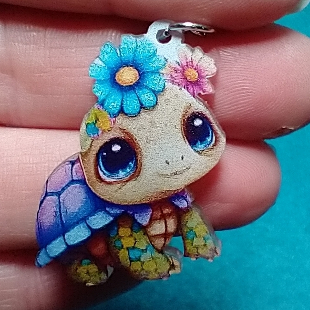 Cute turtle with flowers multicolor colorful wire dangle earrings blue purple